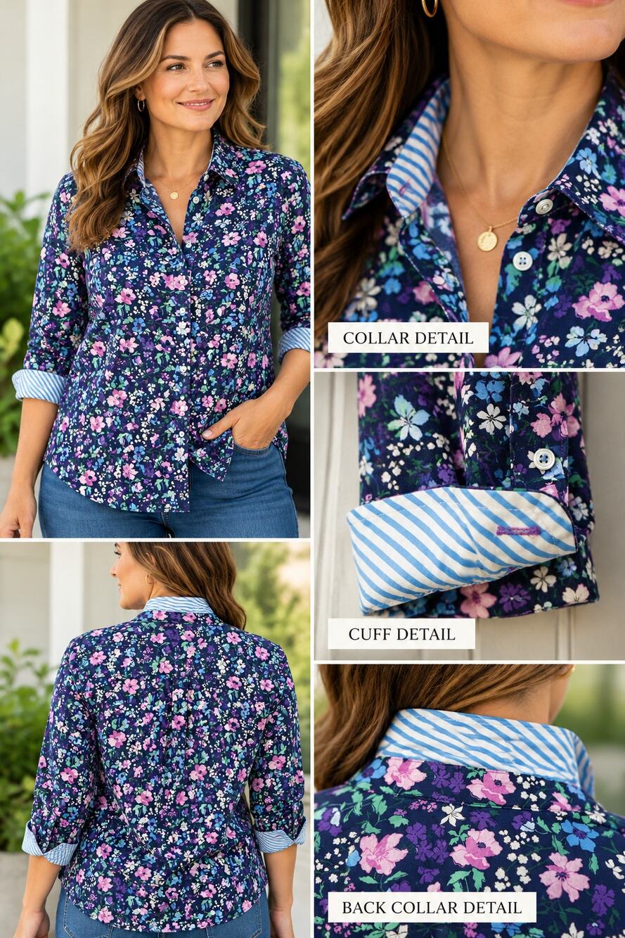Talbots Petite LP Navy Floral Cotton Button Down Shirt Blue Pink Purple